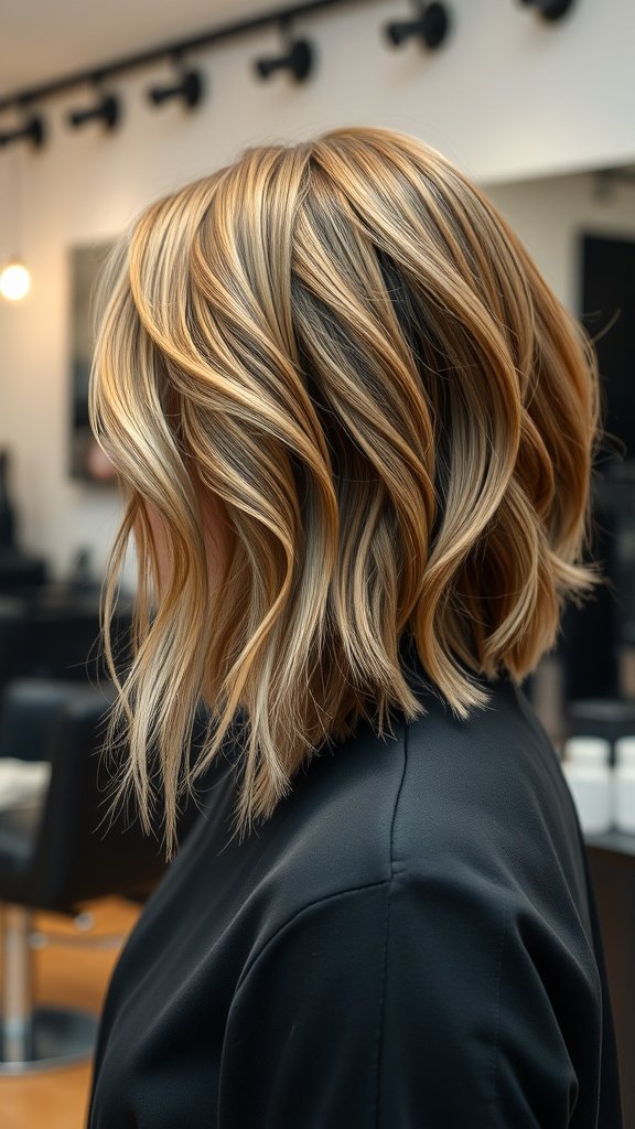 A stylish mid-length hairstyle featuring straight hair with twisted layers, showcasing a blend of blonde and caramel highlights.