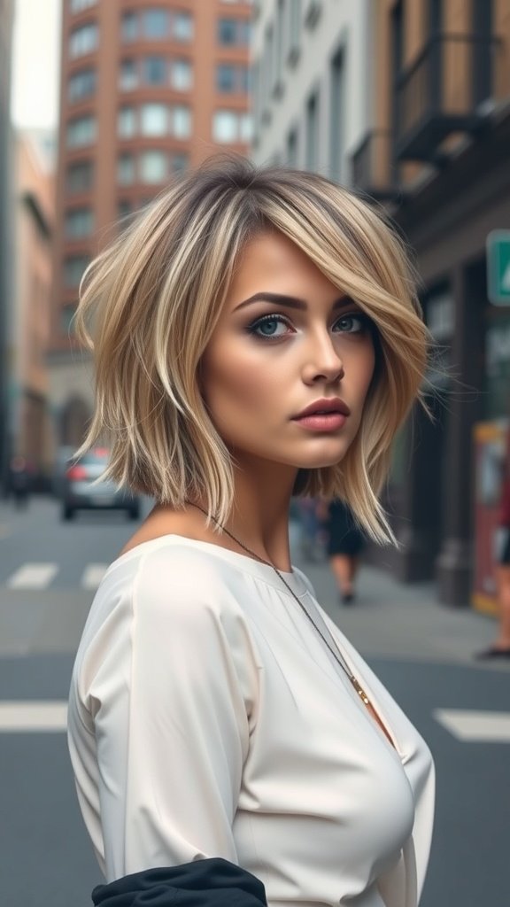 A woman with an unstructured lob hairstyle featuring blonde hair with dark roots, standing in a city street.
