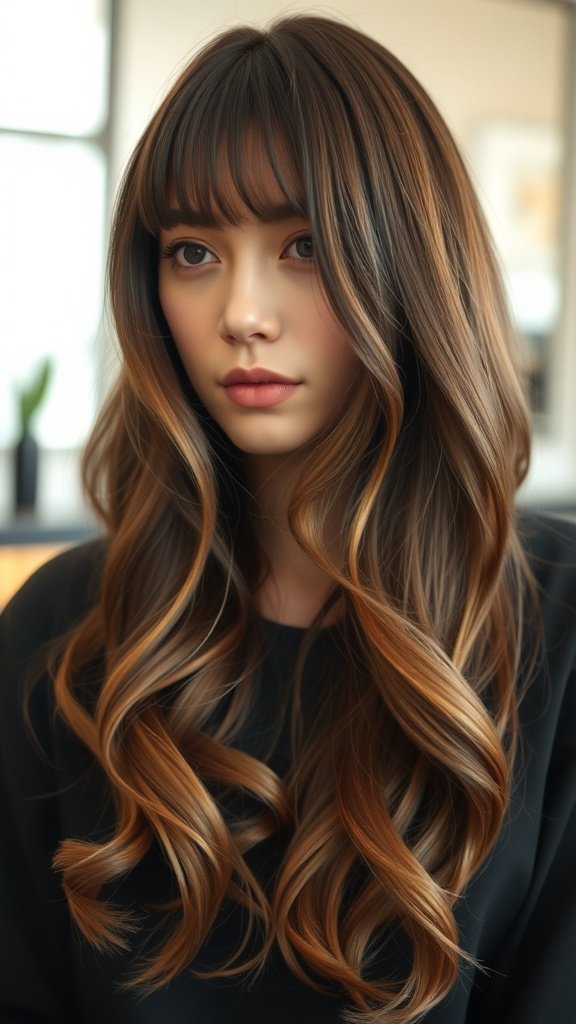 A woman with wavy layered hair and fringe, showcasing a stylish medium-length haircut.