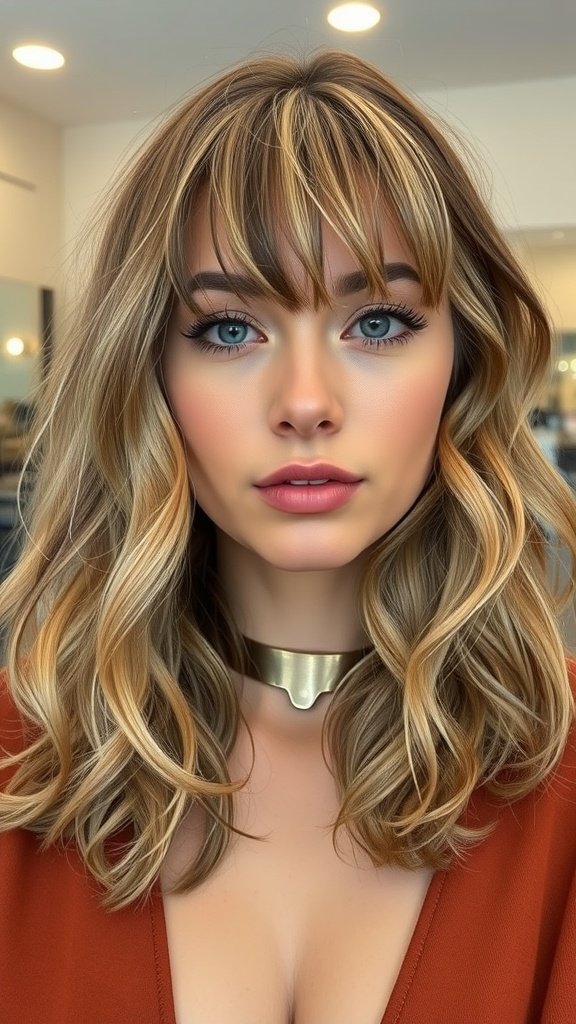 A woman with wavy shoulder-length hair and a fringe, showcasing a soft and feminine hairstyle.