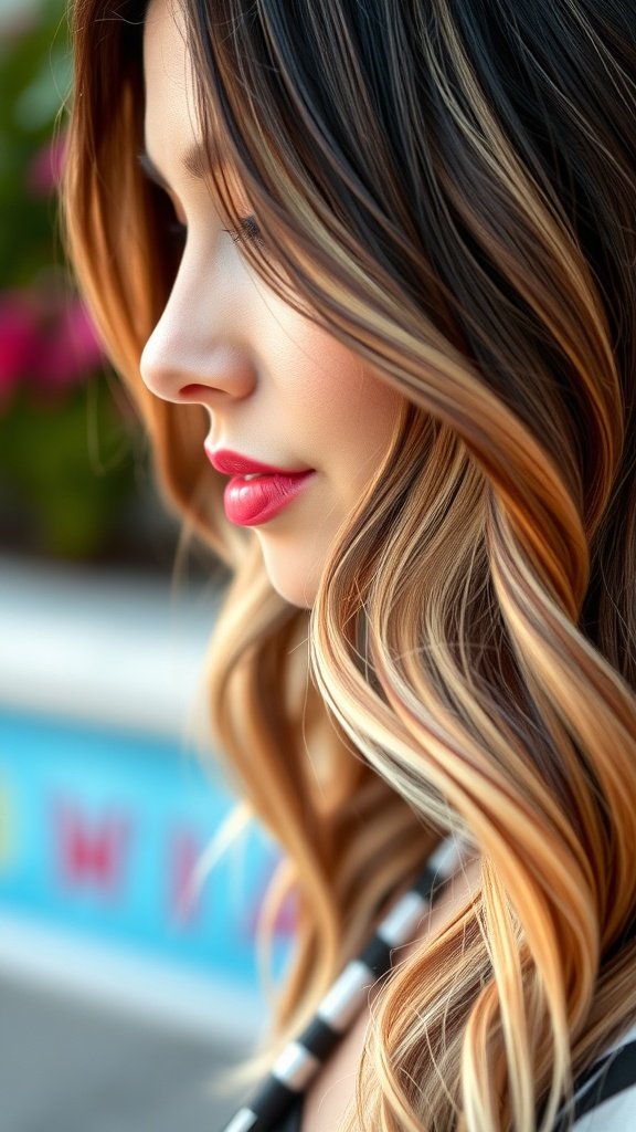 A woman with zebra stripe hair highlights, showcasing a mix of dark and light strands.
