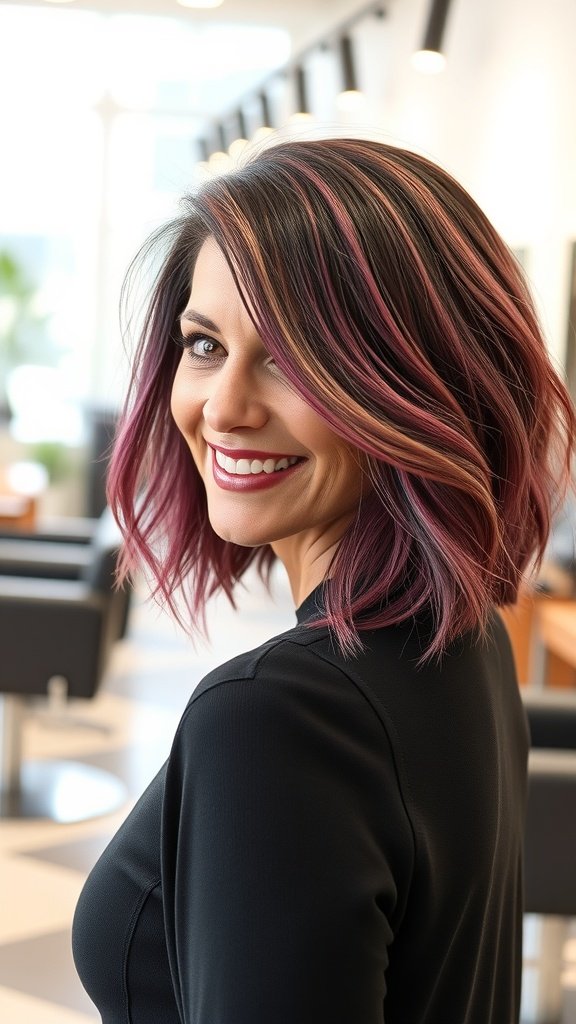 A woman with an angled bob hairstyle, featuring a dramatic stacked back and vibrant highlights, smiling in a salon.