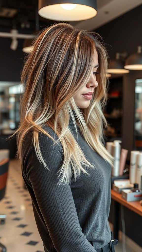 A woman with ash blonde hair featuring bold burgundy balayage highlights, styled in soft waves.