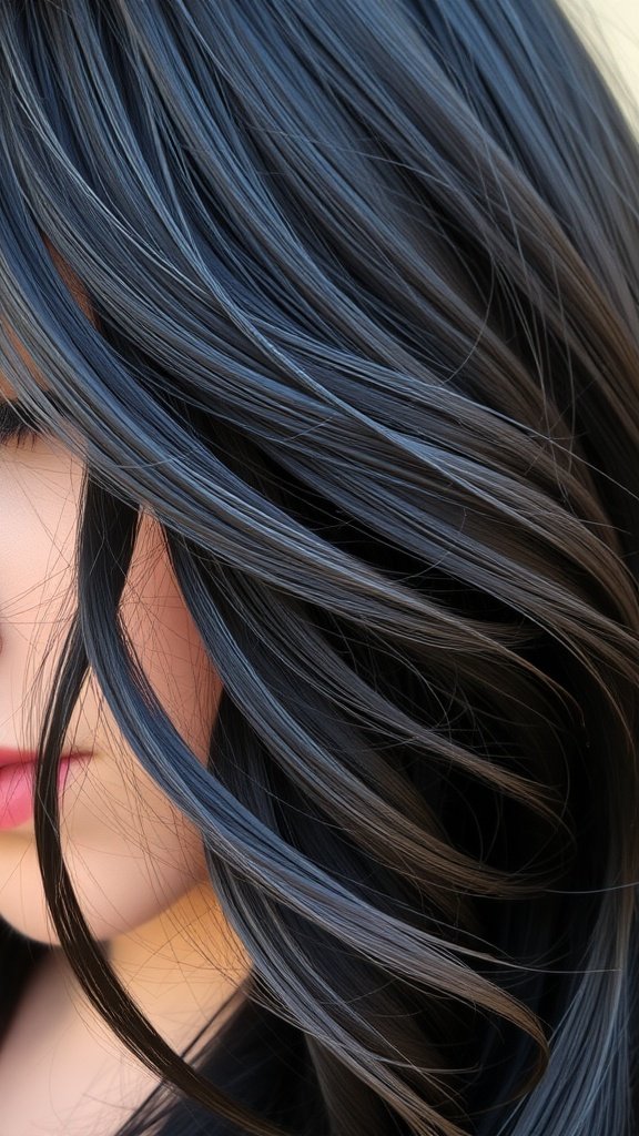 Close-up of hair with ashy charcoal highlights on jet-black hair
