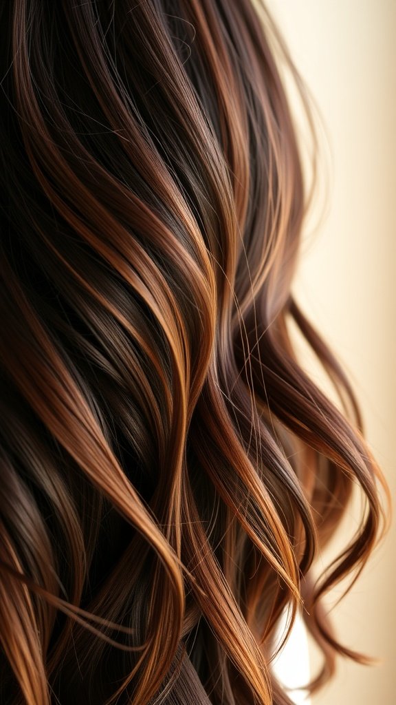 A close-up view of dark brunette hair with auburn balayage highlights, styled in soft waves.