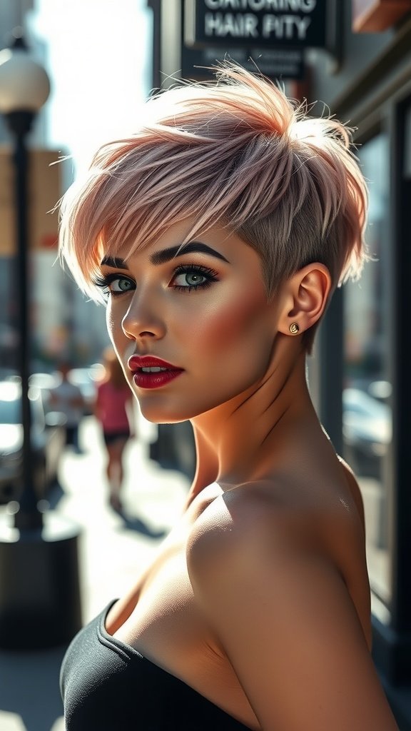 A stylish woman with a bixie haircut featuring soft rose petal tips, showcasing a modern and chic look.