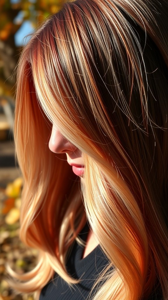 Blonde balayage hair with deep red undertones, styled in soft waves.