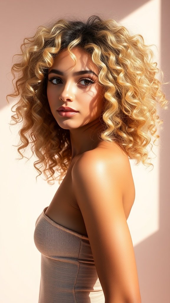 A woman with voluminous blonde curls and dark roots, showcasing a trendy hairstyle.