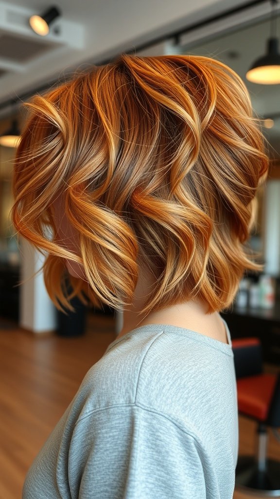 A medium bob hairstyle featuring dramatic inward curls, showcasing warm tones and a lively appearance.