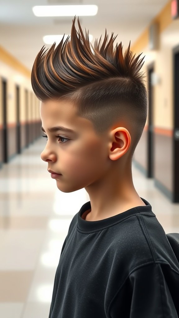 A boy with a burst fade mohawk hairstyle, showcasing a stylish and edgy look.