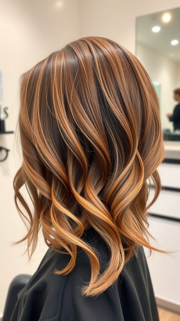 A beautiful chocolate lob haircut with caramel ombre highlights, showcasing rich brown tones and soft waves.