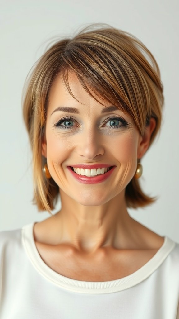 A woman with a choppy lob hairstyle and long side bangs, smiling confidently.
