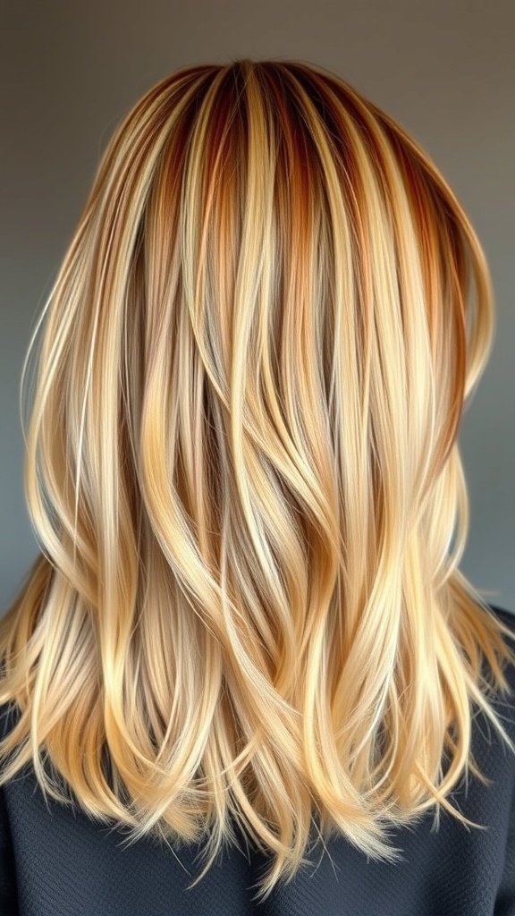A hairstyle featuring cider blonde hair with caramel streaks, showcasing a blend of warm tones.