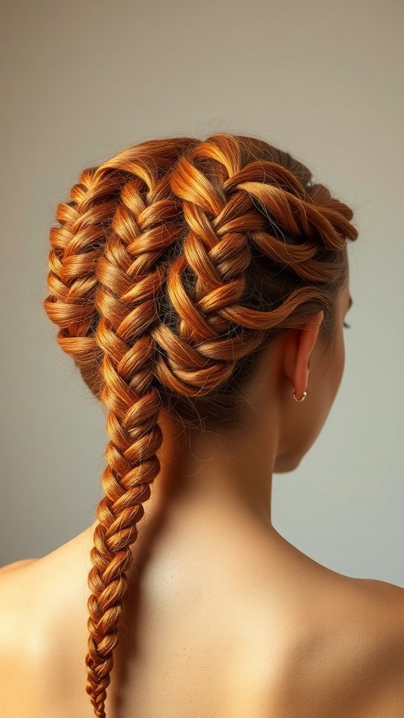 A beautiful hairstyle featuring intricate copper braids styled in a crown shape.