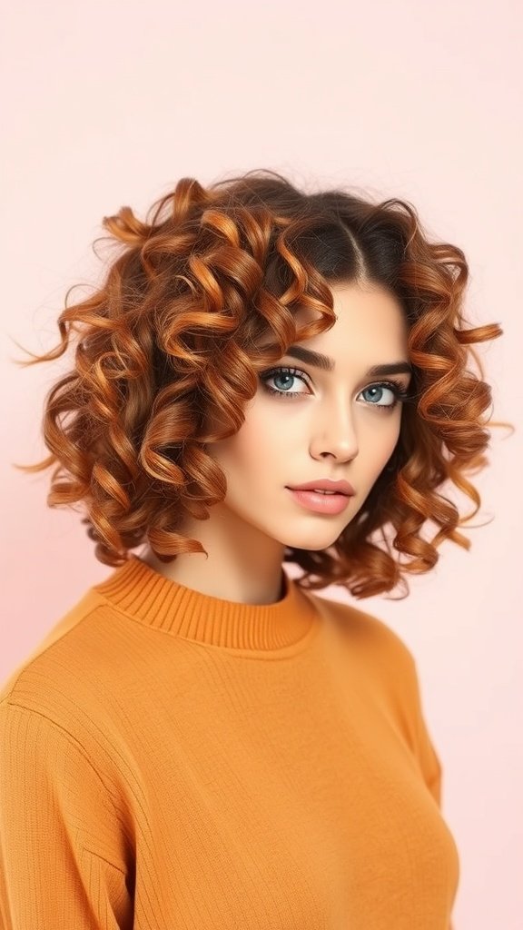 A woman with a curly bob hairstyle featuring defined spirals, wearing an orange sweater against a pink background.