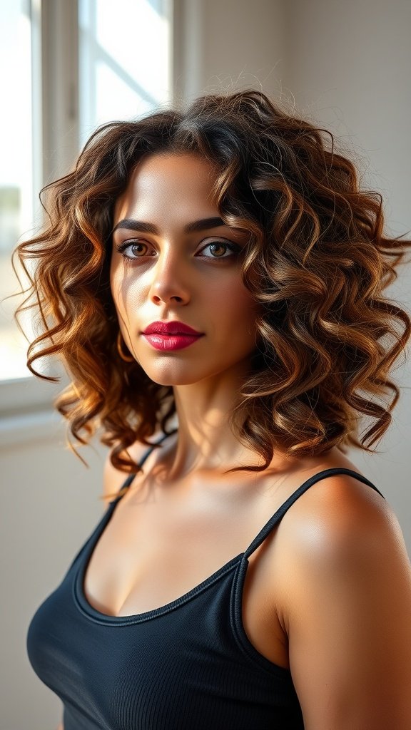 A woman with shoulder-length curly hair featuring face-framing highlights, looking stylish and confident.
