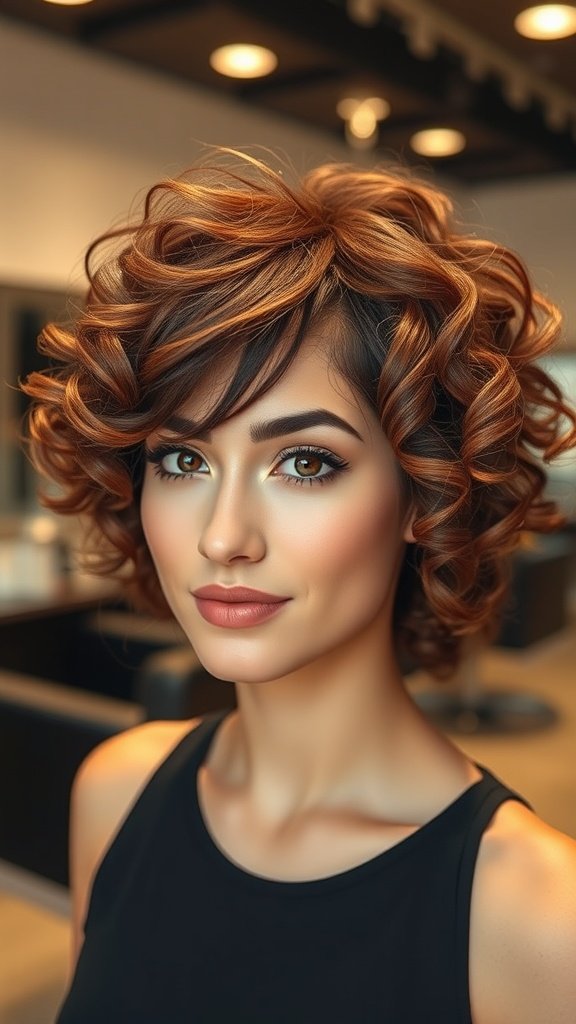 A woman with a curly pixie haircut and side-swept bangs, showcasing a vibrant hairstyle.
