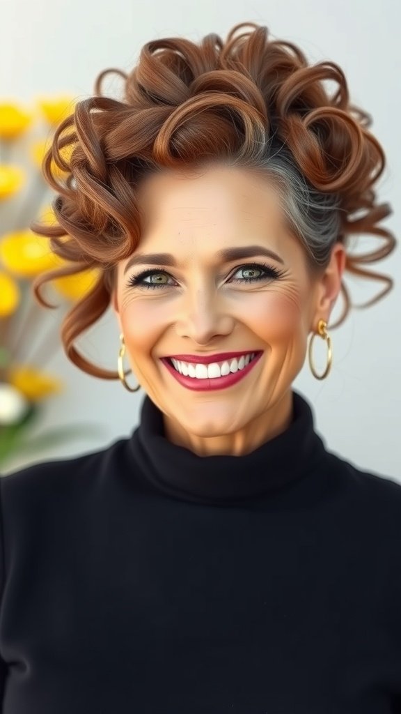 A woman with a curly updo hairstyle featuring a side twist, smiling brightly.