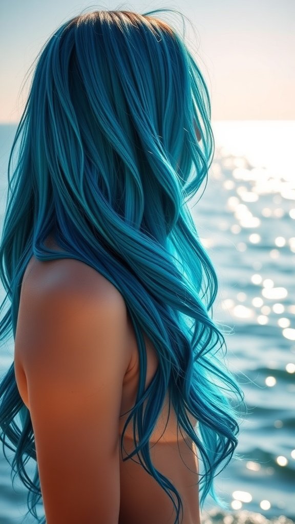 A woman with deep ocean blue hair, standing by the water, showcasing vibrant hair color.