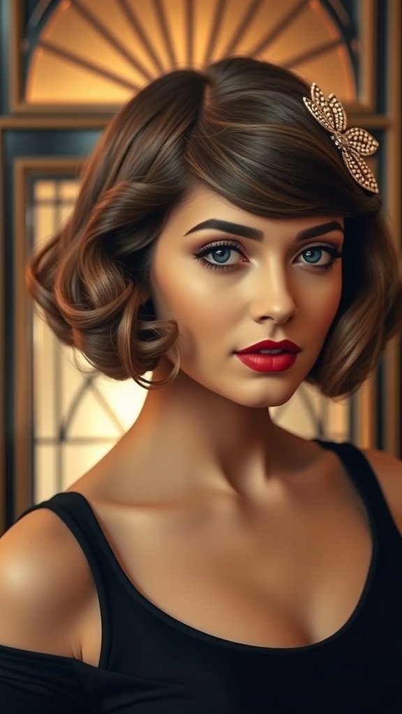 A woman with a flapper inspired bob hairstyle featuring finger waves, wearing a black top and bold red lipstick.