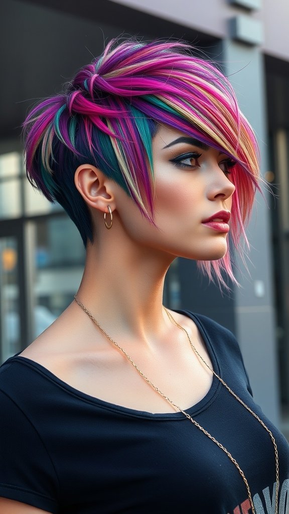 A woman with a funky shag haircut featuring bold angles and vibrant pink and blue highlights.