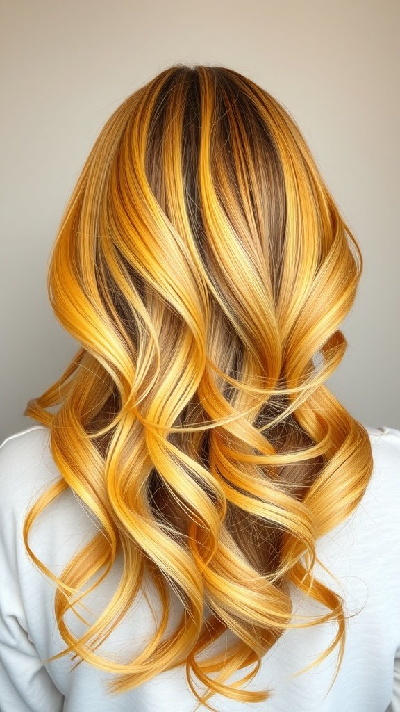 A hairstyle featuring golden yellow hair with lemon accents, styled in soft waves.
