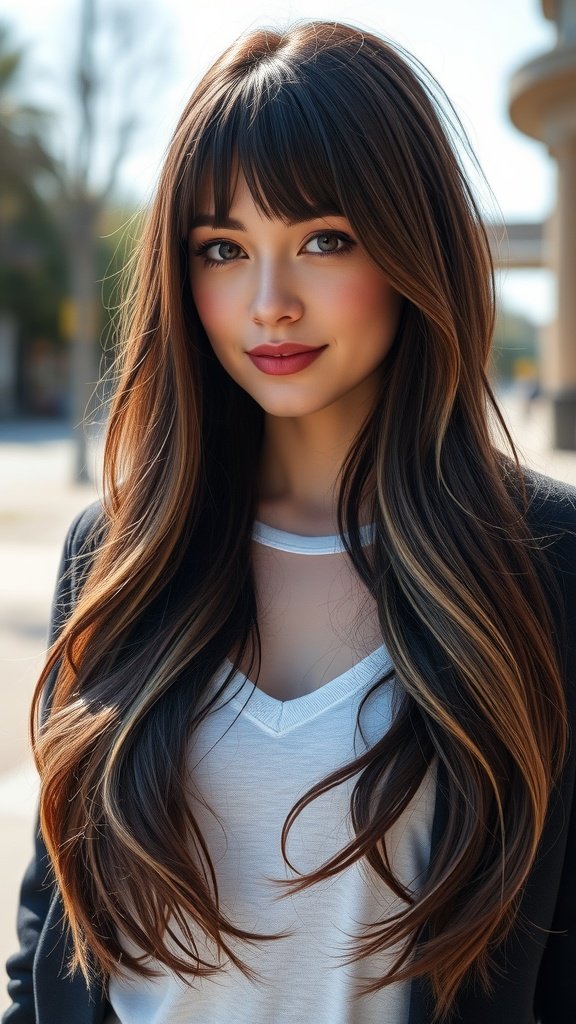 A woman with long dark brown layered hair and flipped ends, smiling outdoors.