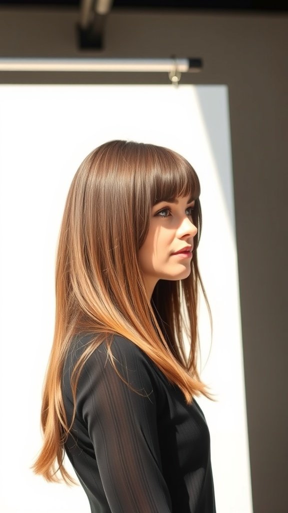 A woman with long hair featuring blunt front layers, styled elegantly.