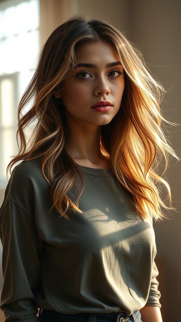 A woman with loose waves and wispy side bangs, showcasing a soft and romantic hairstyle.