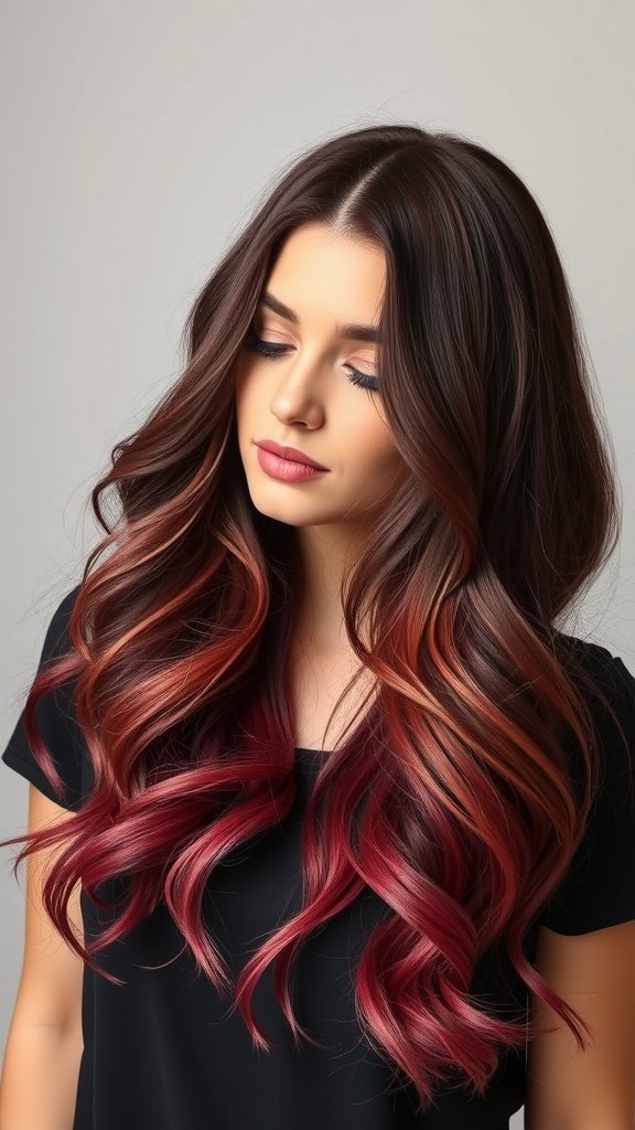 A woman with long, wavy hair featuring an Old Rose Dark Red Balayage hairstyle.