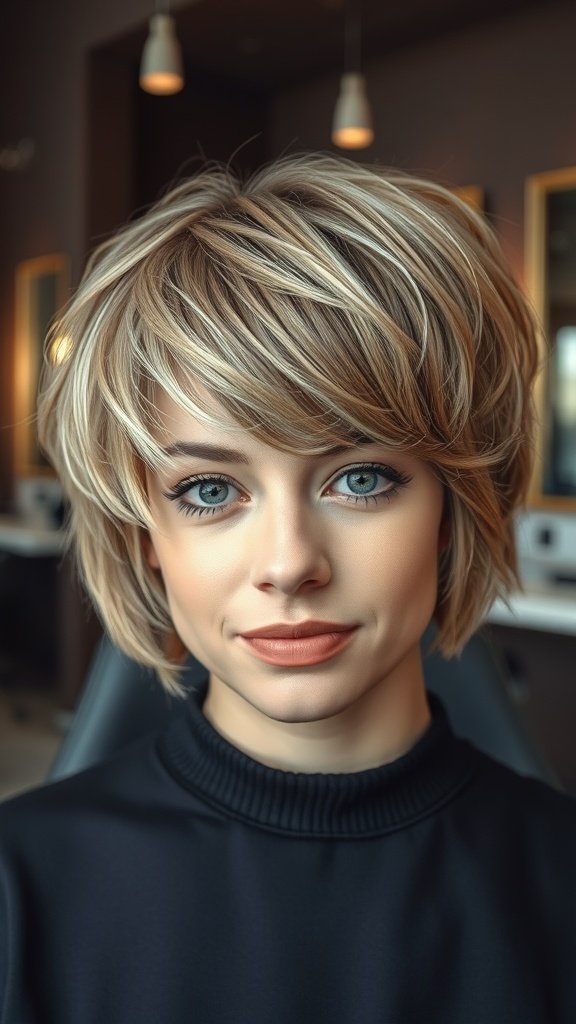 A woman with a Pixie Bob hairstyle featuring textured layers, showcasing a modern and stylish look.