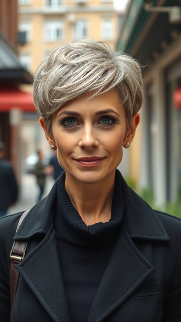 A woman with a stylish pixie cut featuring face-framing twists, looking confident and chic.