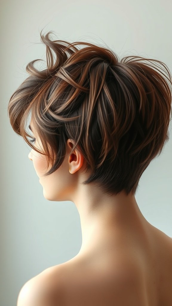 A stylish pixie haircut with a blown back style, showcasing layers and texture.