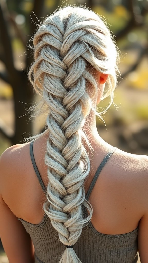 A close-up of a platinum blonde fishtail braid hairstyle.