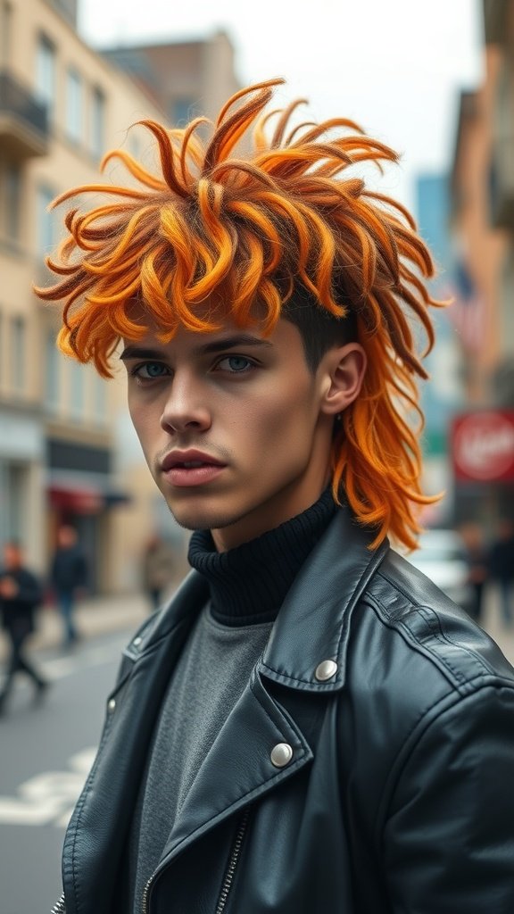 A young person with a playful shaggy mullet hairstyle featuring spiral curls, wearing a leather jacket.