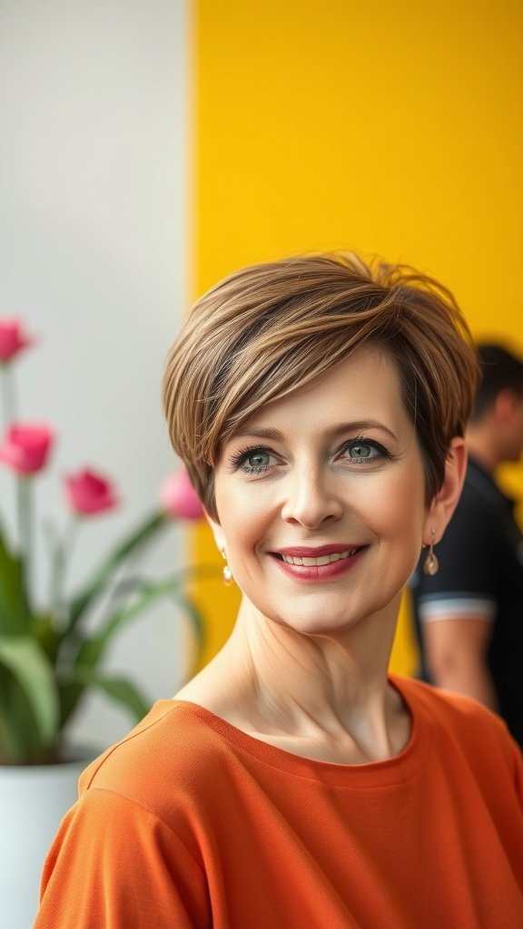 A woman with a polished pixie hairstyle featuring a rounded back, wearing an orange top, smiling in a bright setting.