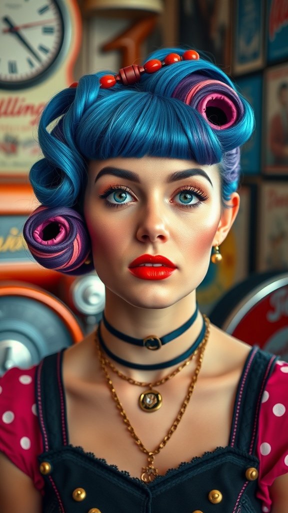 A woman with vibrant blue shag haircut featuring pink pin-up style rolls, wearing red lipstick and layered necklaces.