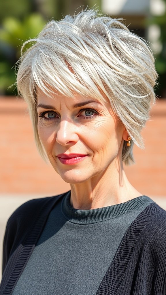 A woman over 50 with a short shag hairstyle featuring a volumized top, showcasing a modern and stylish look.