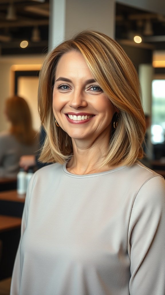 Woman with shoulder-length straight hair and textured ends, smiling in a salon setting.