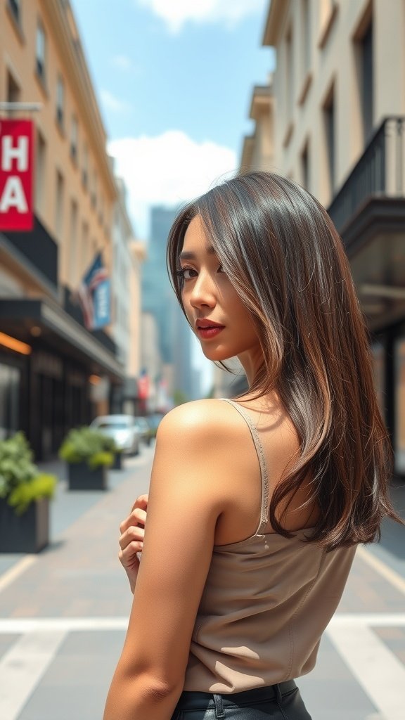A woman with sleek chocolate shoulder-length hair standing on a city street.