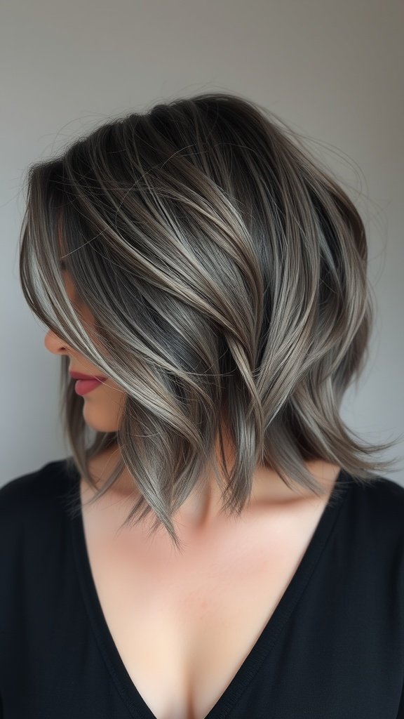 A woman with a smoky grey shag haircut featuring silky layers, showcasing a modern and chic hairstyle.