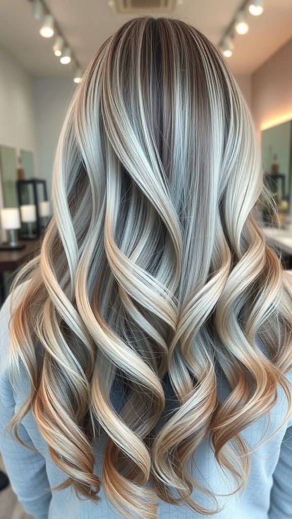 A beautiful hairstyle featuring a smoky quartz to opal white ombre with loose waves.