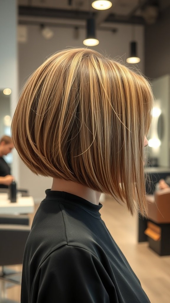 A woman with a soft blunt bob haircut featuring undercut layers, showcasing a modern and stylish look.