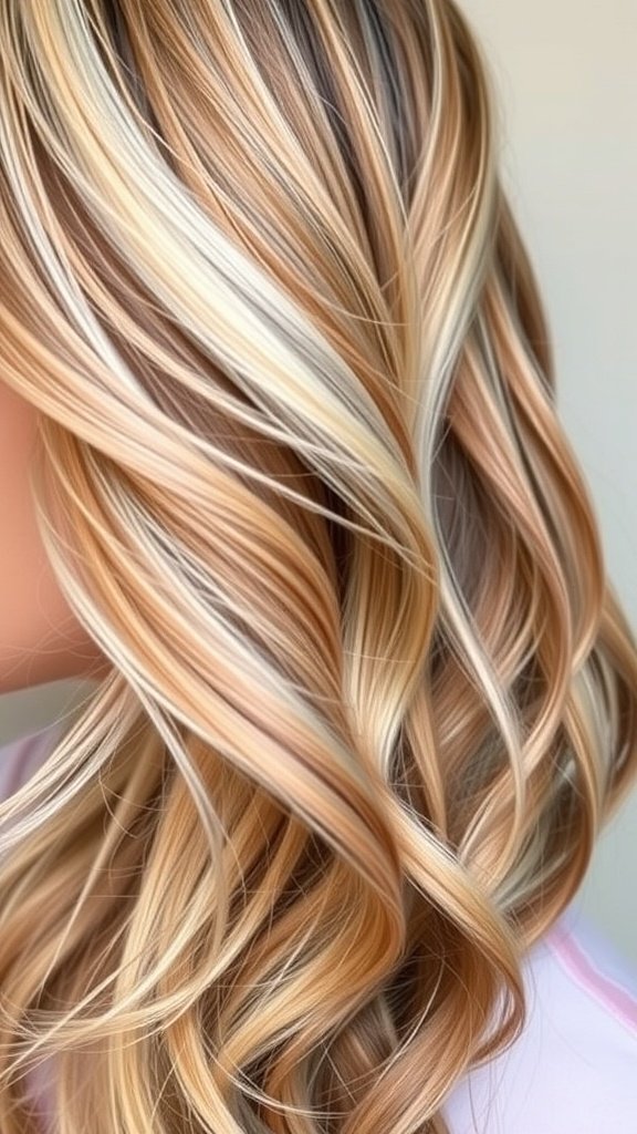 A close-up of soft brown hair with pastel blonde tips styled in loose waves.