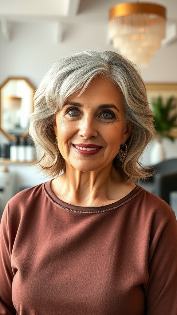 A woman over 70 with a soft layered cut and gentle waves, smiling warmly.
