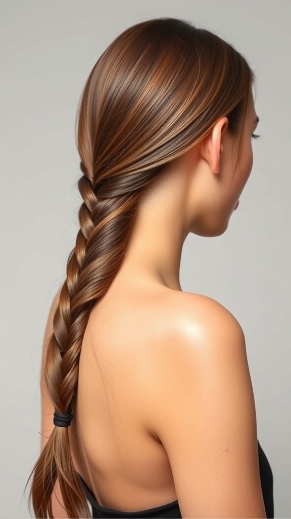 A woman with straight hair styled in a sleek side braid.