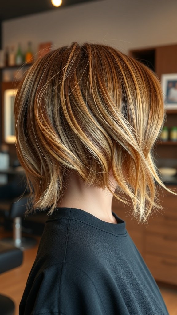 A woman with a layered bob haircut featuring strategic contoured layers and warm highlights.