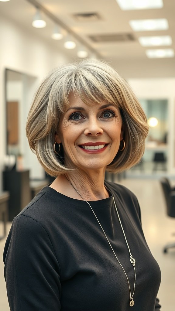 A woman with a tapered neckline bob hairstyle, featuring volume on top, smiling in a salon setting.