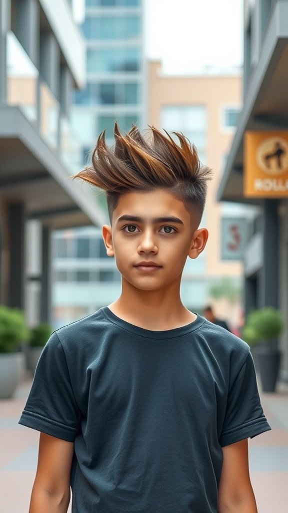 Teenage boy with a textured faux hawk and high fade hairstyle, standing in an urban setting.