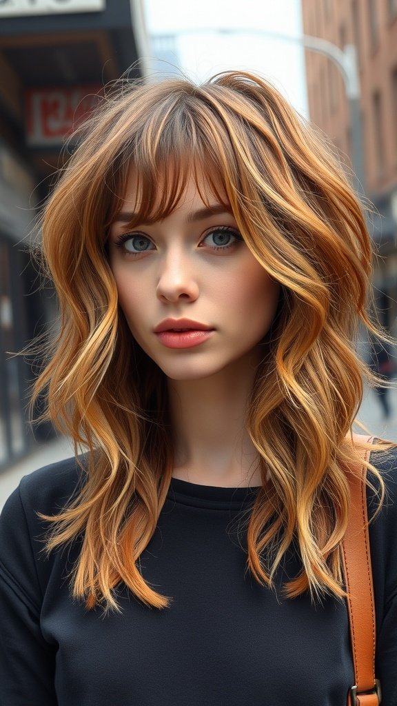 A woman with unstructured wavy shag hair and casual bangs, showcasing a modern hairstyle.